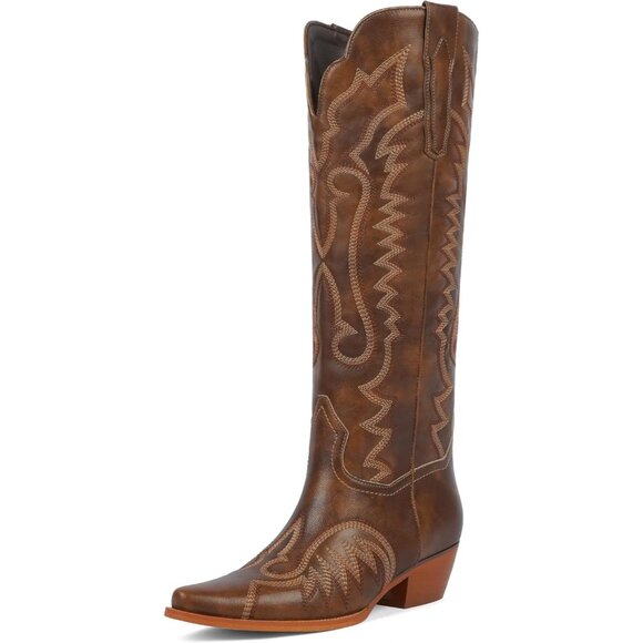 Women's Brown Western Cowboy Boots Knee High Chunky Heel Embroidery Boots